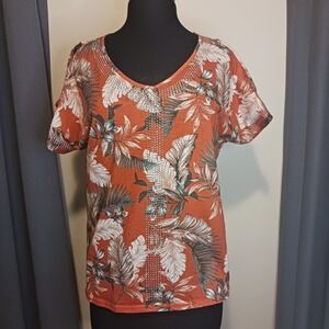 STORYBUK Orange Tropical Palm Leaf Cold Shoulder Bling Embellished  Top Shirt  L
